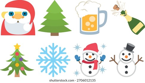 Fun Christmas icon set featuring Santa, snowmen, trees, snowflakes, beer, and champagne. Perfect for festive cards, party invitations, and holiday designs. Bright, cheerful, and playful winter 