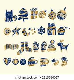 Fun Christmas icons, elements in two color for cutting , printing, sublimation, web. Stencil style winter and Xmas symbols for December decor and ads.