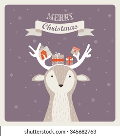 fun Christmas illustration of  deer bearing gifts with bows ribbons and tags