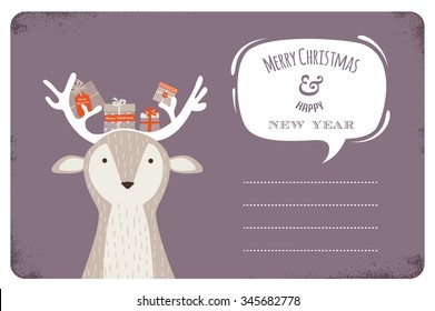 fun Christmas illustration of  deer bearing gifts with bows ribbons and tags