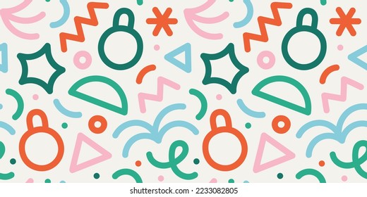 Fun christmas line doodle seamless pattern. Creative abstract style holiday background illustration for children or party celebration with modern shapes. Simple xmas winter drawing wallpaper print.