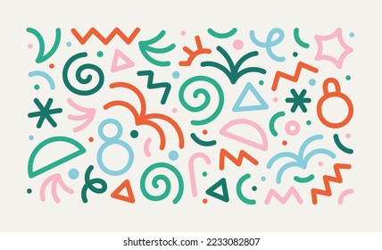 Fun christmas line doodle shape set. Creative abstract style holiday symbol collection for children or party celebration with modern basic shapes. Simple xmas winter drawing decoration.