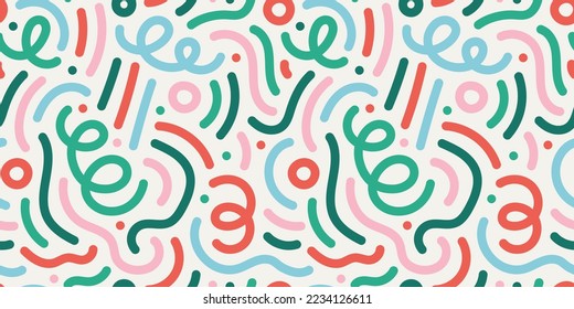 Fun christmas line seamless pattern. Creative abstract style holiday background illustration for children or party celebration with modern shapes. Simple xmas winter drawing wallpaper print.