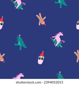 Fun Christmas print in Flat style. Cartoon New Year seamless pattern with Dino, Unicorn, Santa, gingerbread man 