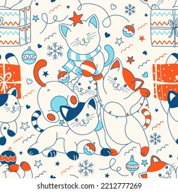 Fun Christmas seamless pattern with cute hand drawn colorful cats. Merry catmas vector illustration, surface design, wrapping paper art.