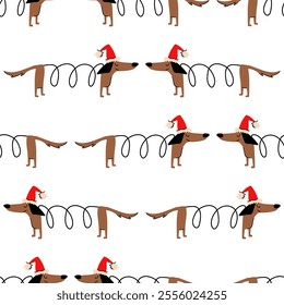 A fun Christmas seamless pattern with cute dachshund dogs. Banner, poster, wallpaper, wrapping paper, background, packaging, fabric template.