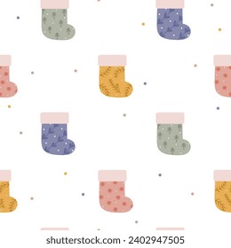 Fun Christmas stockings cute seamless pattern. Vector hand drawn background for wrapping paper, packaging, fabric, wallpaper, textile, apparel, card.