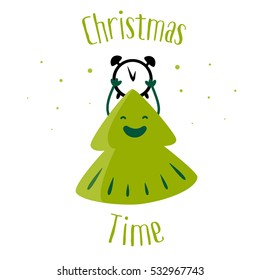 Fun Christmas tree with clock and snow. Christmas time. Greeting card. Vector illustration.