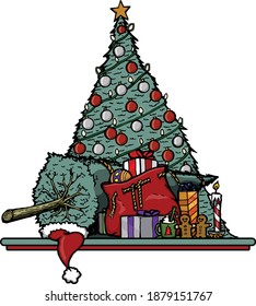 Un divertido diseño de árbol de Navidad con un sombrero y una bolsa de santa. 