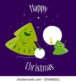 Fun Christmas tree and little tree make a snowman. Happy Christmas. Greeting card. Vector illustration. 