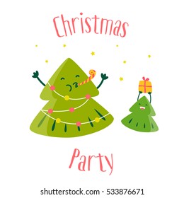 Fun Christmas tree with little tree. Christmas party. Greeting card. Vector illustration.