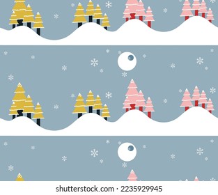 Fun Christmas Tree Night Sky illustration seamless pattern , decoration, wrapping paper, Pine Tree, happy new year, print, fashionable, wallpaper 