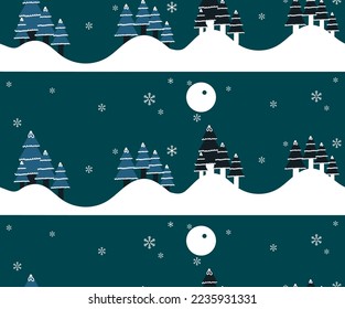 Fun Christmas Tree Night Sky illustration seamless pattern , decoration, wrapping paper, Pine Tree, happy new year, print, fashionable, wallpaper 