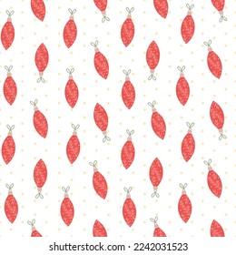 Fun Christmas tree ornaments and polka dot seamless vector pattern. Cute hand drawn winter holiday motif background for packaging, print, wrapping paper, gift, fabric, wallpaper, textile.