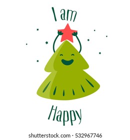 Fun Christmas tree with red star. I am happy. Vector illustration.