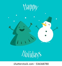 Fun Christmas tree with snowman. Happy Holidays.  Greeting card. Vector illustration.