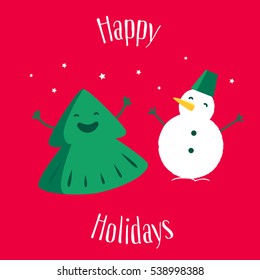 Fun Christmas tree with snowman on red background. Happy Holidays.  Greeting card. Vector illustration.