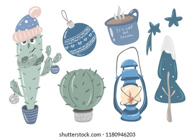 Fun Christmas vector elements set: cactus, lamp, christmas ball, coffee cup, stars, christmas tree