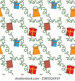 Fun Christmas vector pattern with Christmas lights and colorful gifts