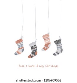A fun Christmas vector postcard. Cozy holiday socks. Have a warm & cozy Christmas