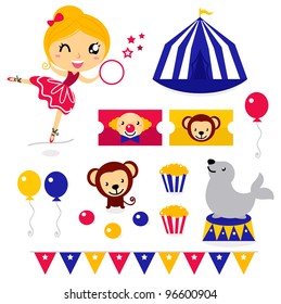 Fun circus icons and elements set isolated on white