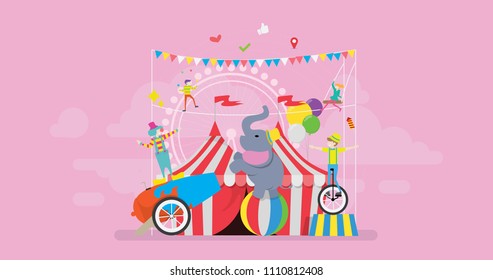 Fun Circus Show Performance Tiny People Character Concept Vector Illustration, Suitable For Wallpaper, Banner, Background, Card, Book Illustration, Web Landing Page, and Other Related Creative