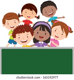 Fun in the classroom. Children with board. 