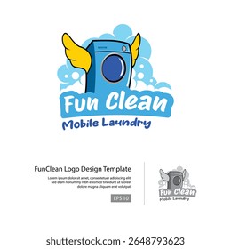 Fun Clean logo template with a washing machine with wings and a bubbles in the background.