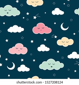 Fun clouds at night with stars and moon - hand drawn doodles, great for fabrics, bed linen, wallpapers, banners - vector surface design