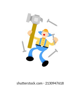 fun clown and hammer craft cartoon flat design illustration