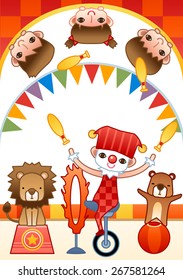 Fun Clown Show and lovely animal - joyful young kids watch funny entertainment performance with cute little friends in theater on white background with bright red chess patterns : vector illustration