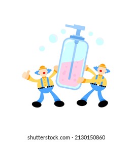 fun clown and soap sanitizer hygene cartoon flat design illustration