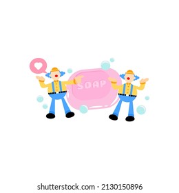 fun clown and soap sanitizer hygene cartoon flat design illustration