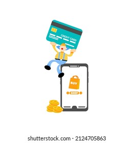 fun clown and store online shop credit card payment cartoon flat design illustration