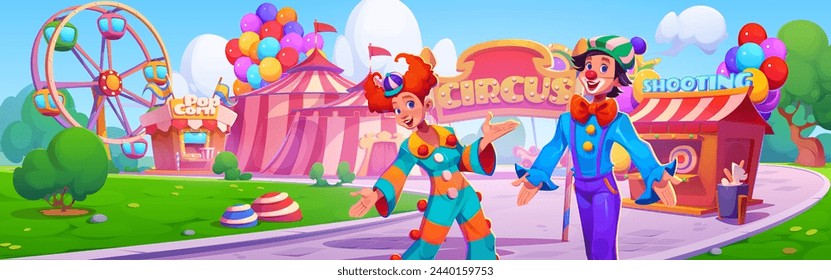 Fun clown, wheel and circus tent in carnival park illustration. Carousel and entertainment on playground summer scene. Outdoor amusement on festival and childish attraction for recreation scenery