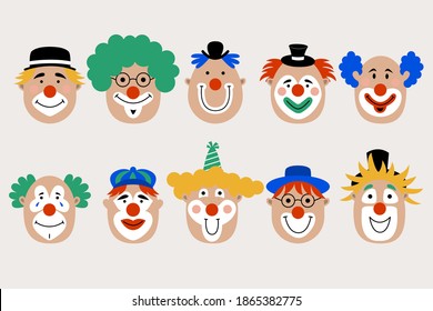 Fun clowns icons. Collection of ten comic comedians isolated on a beige background