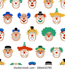 Fun clowns seamless pattern. Vector illustration with comedians isolated on a white background. Can be used for wallpaper, wrapping, textile.