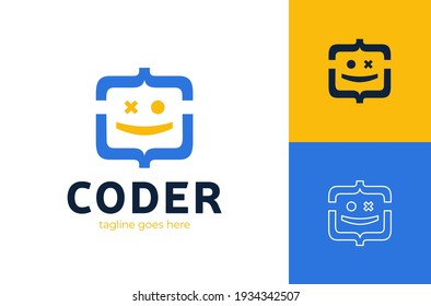 Fun Coding, Developer Coding Icon Vector Illustration, Programming Logo. Smile Face Logo Coding Symbol