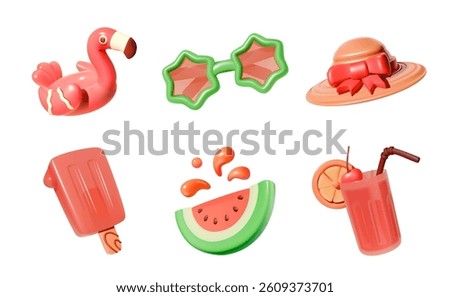 Fun collection of 3D summer vacation icons featuring a flamingo float, sunglasses, sunhat, ice pop, watermelon, and cocktail.