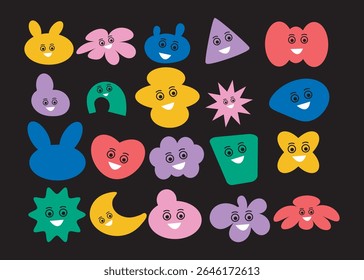  A fun collection of brightly colored cartoon shapes with cheerful smiling faces on a black background. Great for kids’ designs, educational materials, or playful branding.