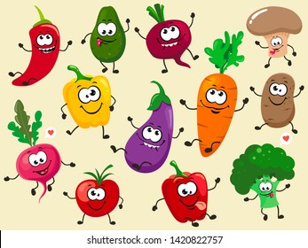 A fun collection of cartoon plant characters. Vector vegetable isolates.