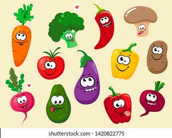 A fun collection of cartoon plant characters. Vector vegetable isolates.