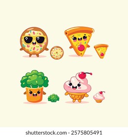 A fun collection of cute cartoon foods, including a cheerful pizza slice with gooey cheese and sparkling eyes, a cool donut with bright sprinkles and funky sunglasses, a happy broccoli.