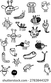 Fun collection of cute whimsical monsters, funny alien insects, and fantasy creature doodles hand drawn isolated on white background.