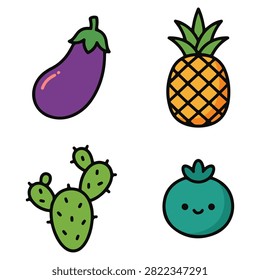 Fun collection of eggplant pineapple cactus and fruit character. Vector illustration set for vibrant design projects.