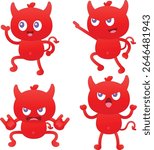 A fun collection of four cartoon red devils displaying various playful and mischievous expressions and poses. Perfect for Halloween, fantasy, or humorous designs.