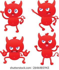 A fun collection of four cartoon red devils displaying various playful and mischievous expressions and poses. Perfect for Halloween, fantasy, or humorous designs.