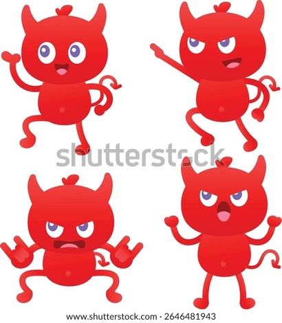 A fun collection of four cartoon red devils displaying various playful and mischievous expressions and poses. Perfect for Halloween, fantasy, or humorous designs.