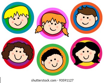 Fun collection of friendly smiling cartoon kids or children face over colorful circles