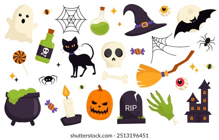 Una divertida colección de Elementos de Halloween: fantasma, calabaza, gato, murciélago, caramelo, luna, cráneo, araña y sombrero de bruja. Ilustración vectorial en estilo plano.